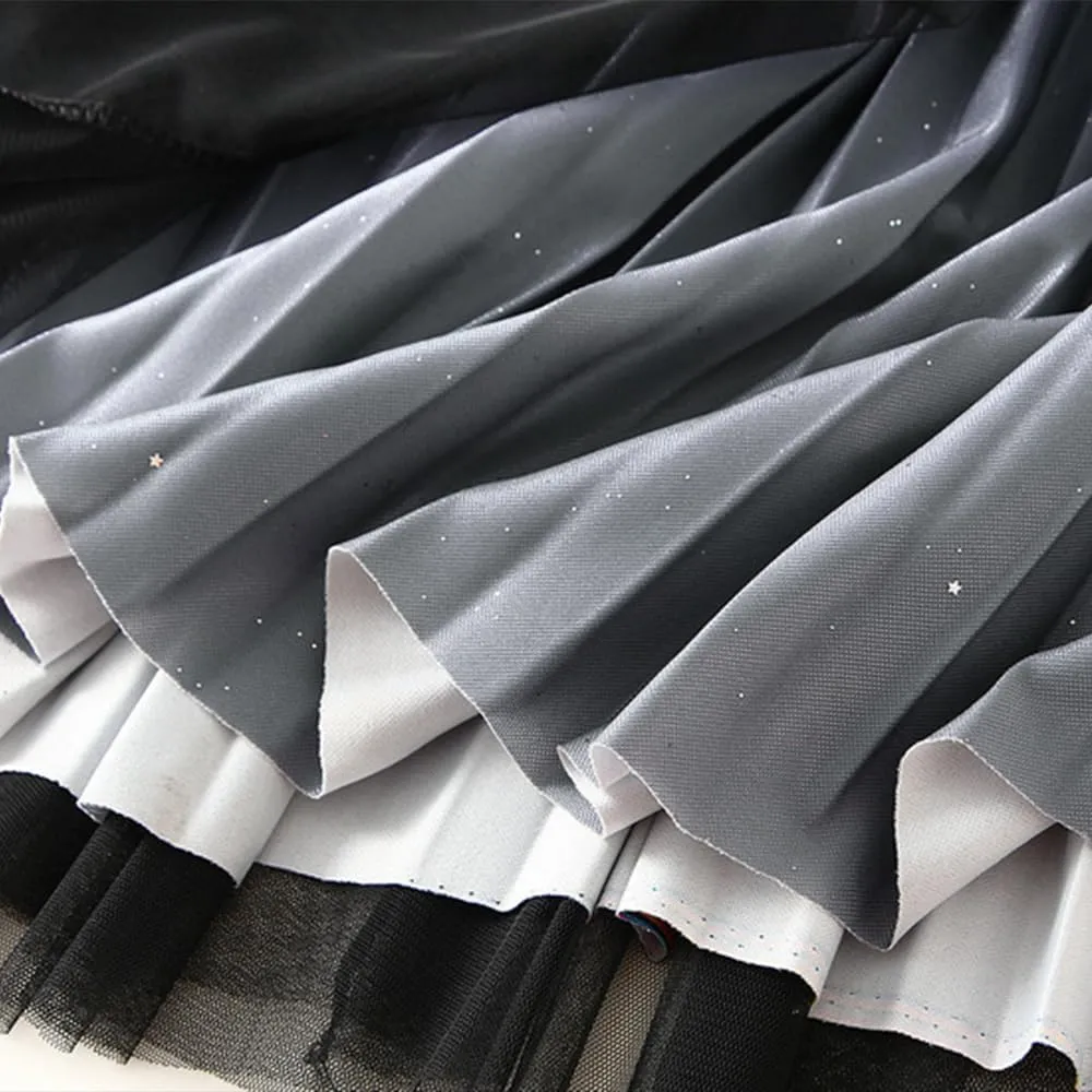 Women's Midi Skirt Tulle Skirt Layered Sequin Pleated Skirt High Waist Gradient Skirt