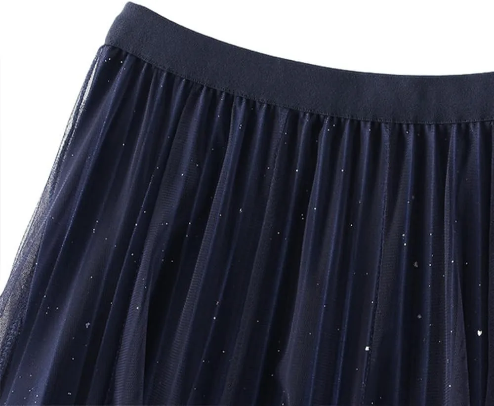 Women's Midi Skirt Tulle Skirt Layered Sequin Pleated Skirt High Waist Gradient Skirt