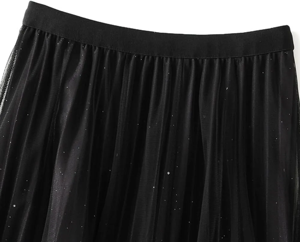 Women's Midi Skirt Tulle Skirt Layered Sequin Pleated Skirt High Waist Gradient Skirt