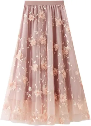 Women's Midi Skirt Tulle Skirt Layered Sequin Pleated Skirt High Waist Gradient Skirt