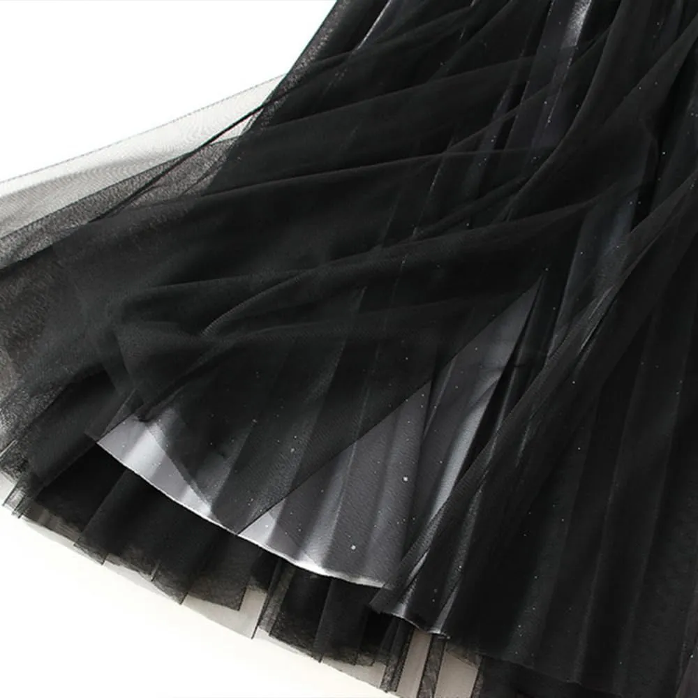 Women's Midi Skirt Tulle Skirt Layered Sequin Pleated Skirt High Waist Gradient Skirt