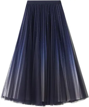 Women's Midi Skirt Tulle Skirt Layered Sequin Pleated Skirt High Waist Gradient Skirt