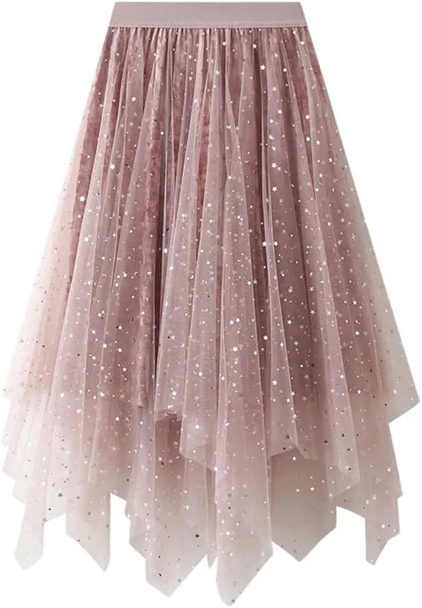 Women's Midi Skirt Tulle Skirt Layered Sequin Pleated Skirt High Waist Gradient Skirt