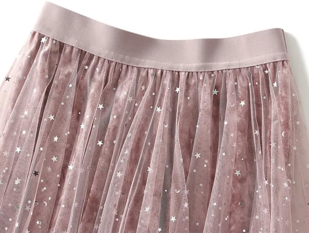 Women's Midi Skirt Tulle Skirt Layered Sequin Pleated Skirt High Waist Gradient Skirt