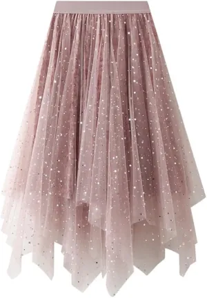Women's Midi Skirt Tulle Skirt Layered Sequin Pleated Skirt High Waist Gradient Skirt