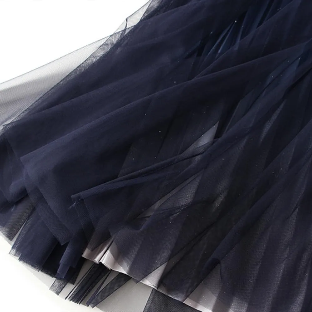 Women's Midi Skirt Tulle Skirt Layered Sequin Pleated Skirt High Waist Gradient Skirt