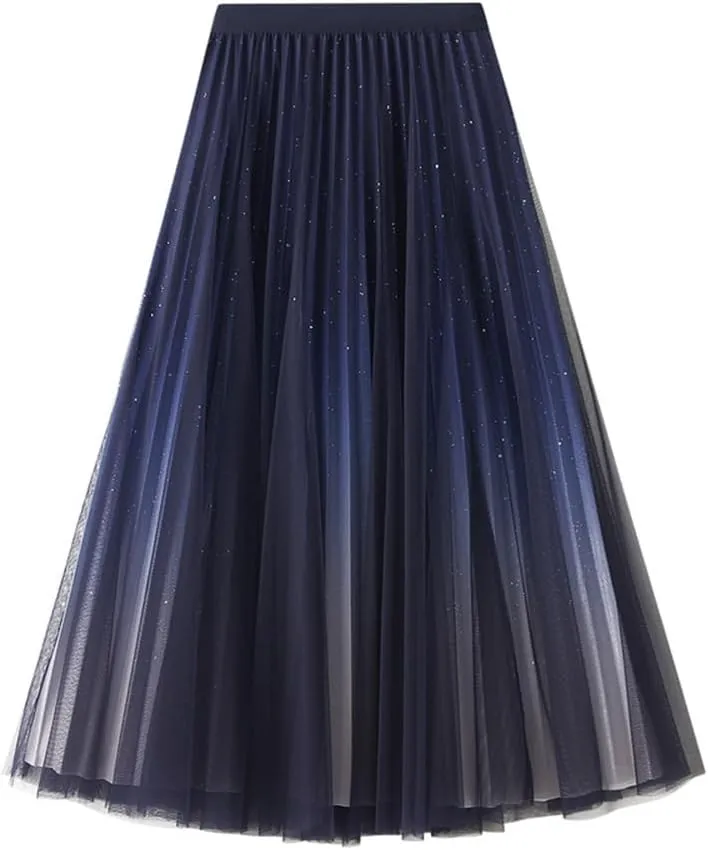 Women's Midi Skirt Tulle Skirt Layered Sequin Pleated Skirt High Waist Gradient Skirt