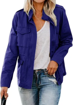 Women's Military Anorak Jackets Zip Up Parka Safari Utility Coats Snap Buttons Outerwear with Pocket
