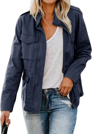 Women's Military Anorak Jackets Zip Up Parka Safari Utility Coats Snap Buttons Outerwear with Pocket