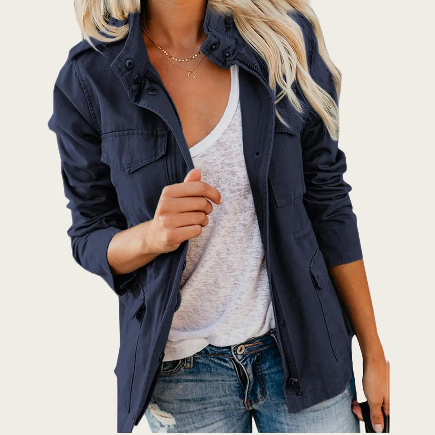 Women's Military Anorak Jackets Zip Up Parka Safari Utility Coats Snap Buttons Outerwear with Pocket