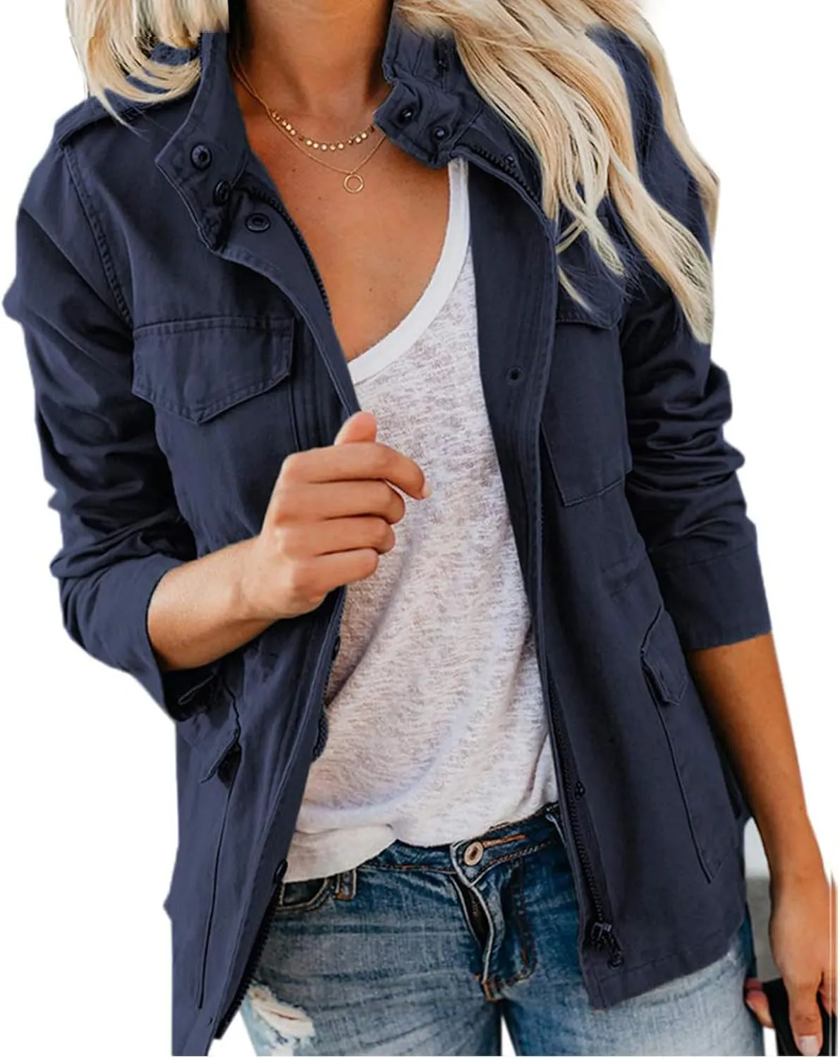 Women's Military Anorak Jackets Zip Up Parka Safari Utility Coats Snap Buttons Outerwear with Pocket
