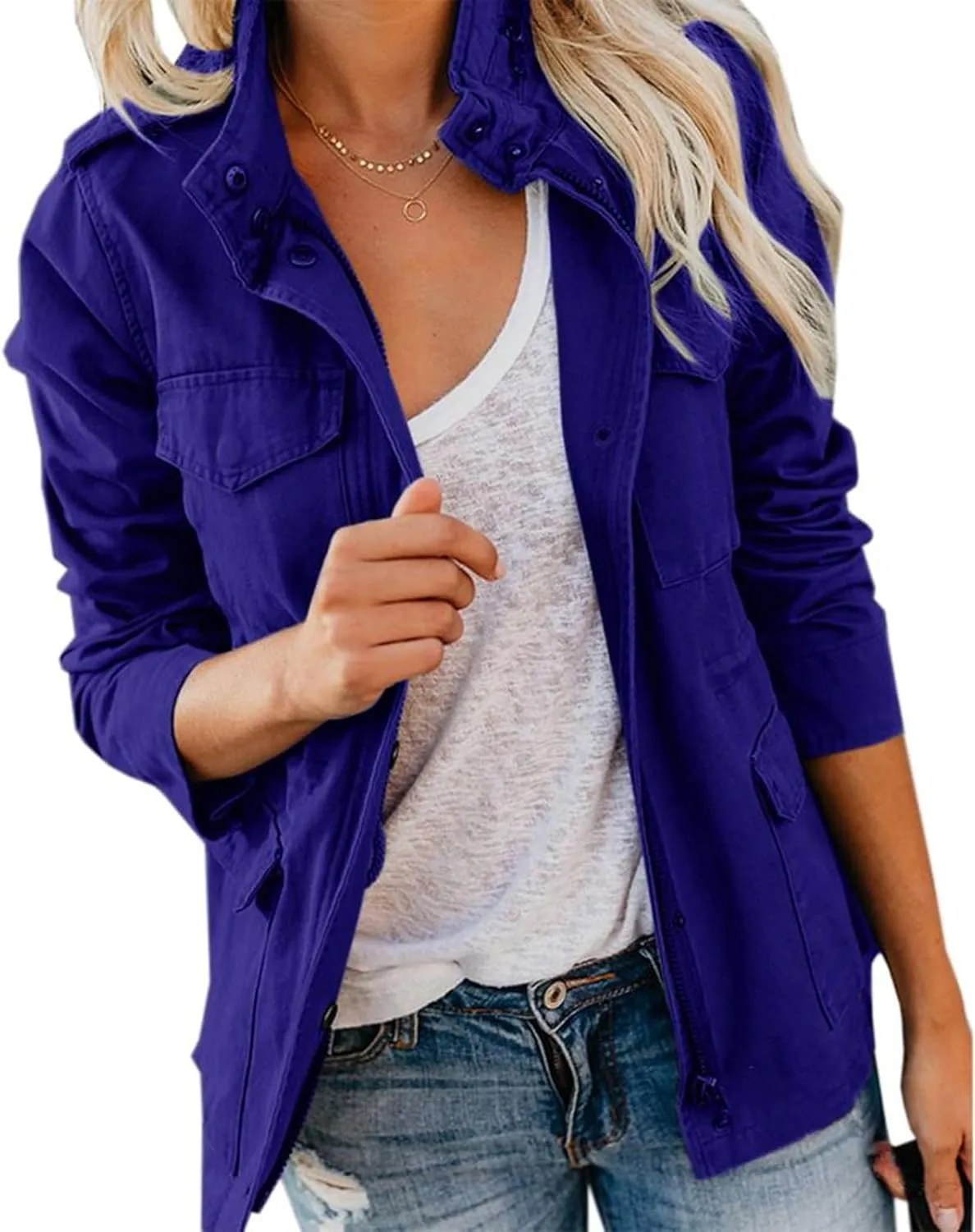 Women's Military Anorak Jackets Zip Up Parka Safari Utility Coats Snap Buttons Outerwear with Pocket