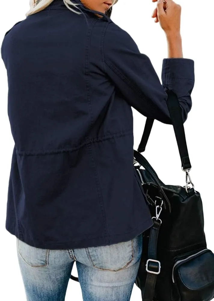 Women's Military Anorak Jackets Zip Up Parka Safari Utility Coats Snap Buttons Outerwear with Pocket