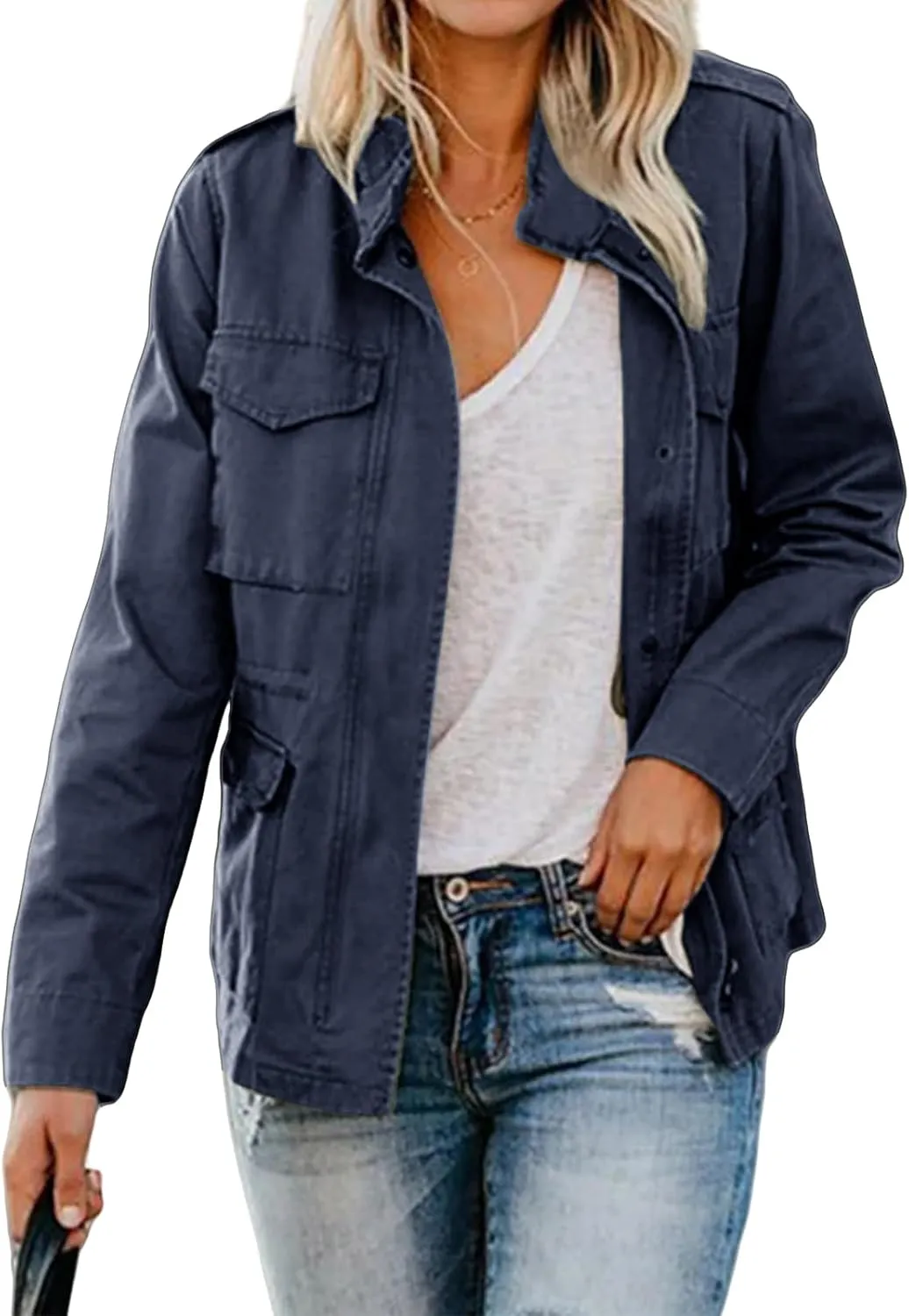 Women's Military Anorak Jackets Zip Up Parka Safari Utility Coats Snap Buttons Outerwear with Pocket