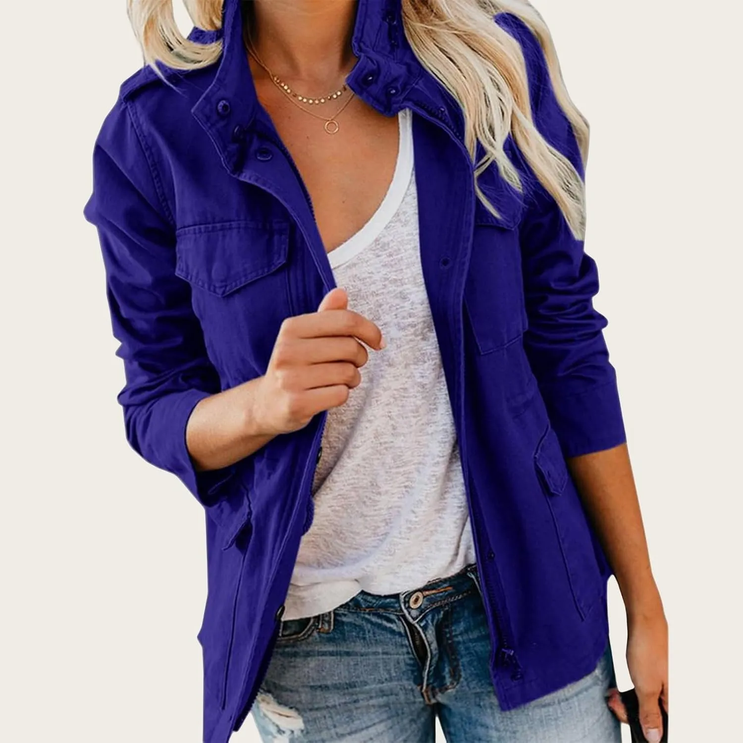 Women's Military Anorak Jackets Zip Up Parka Safari Utility Coats Snap Buttons Outerwear with Pocket