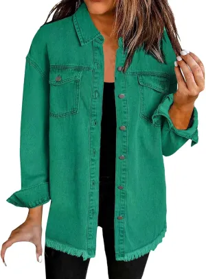Womens Oversized Button Up Frayed Hem Shacket Long Sleeve Pockets Denim Jean Jacket Trucker Coats