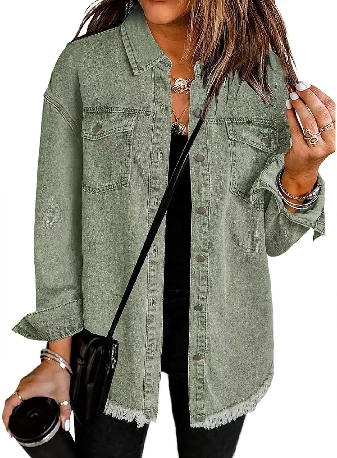 Womens Oversized Button Up Frayed Hem Shacket Long Sleeve Pockets Denim Jean Jacket Trucker Coats