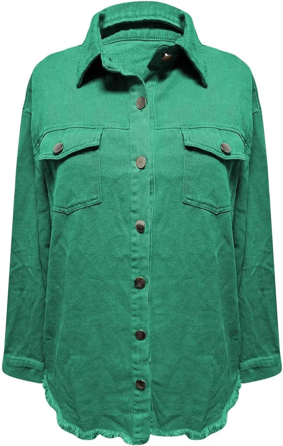 Womens Oversized Button Up Frayed Hem Shacket Long Sleeve Pockets Denim Jean Jacket Trucker Coats