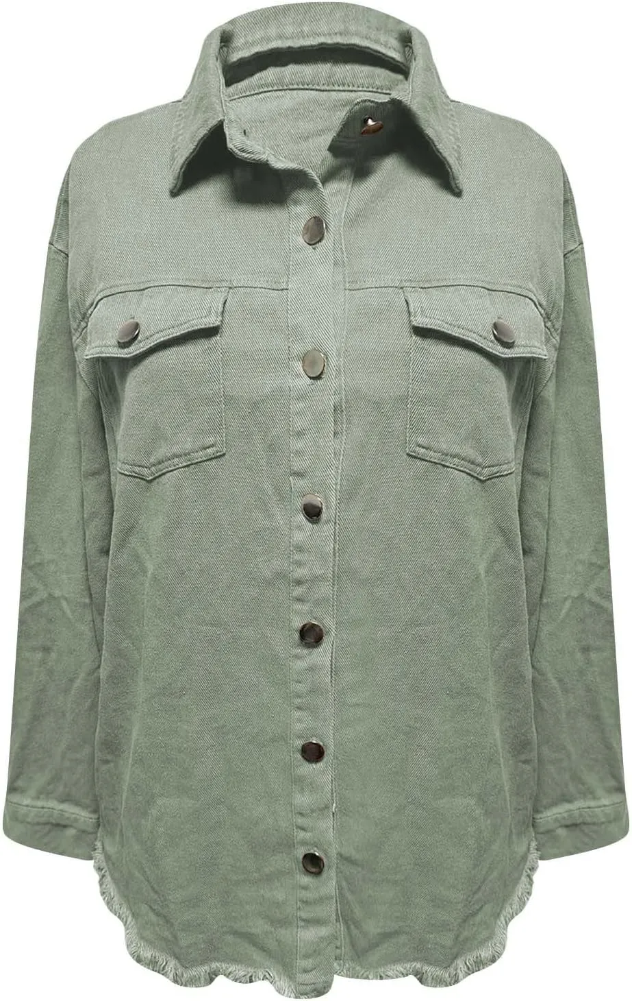 Womens Oversized Button Up Frayed Hem Shacket Long Sleeve Pockets Denim Jean Jacket Trucker Coats