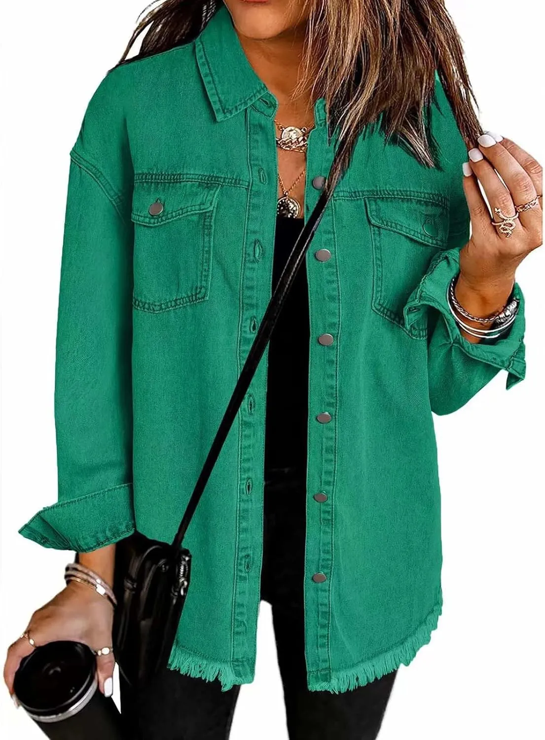 Womens Oversized Button Up Frayed Hem Shacket Long Sleeve Pockets Denim Jean Jacket Trucker Coats