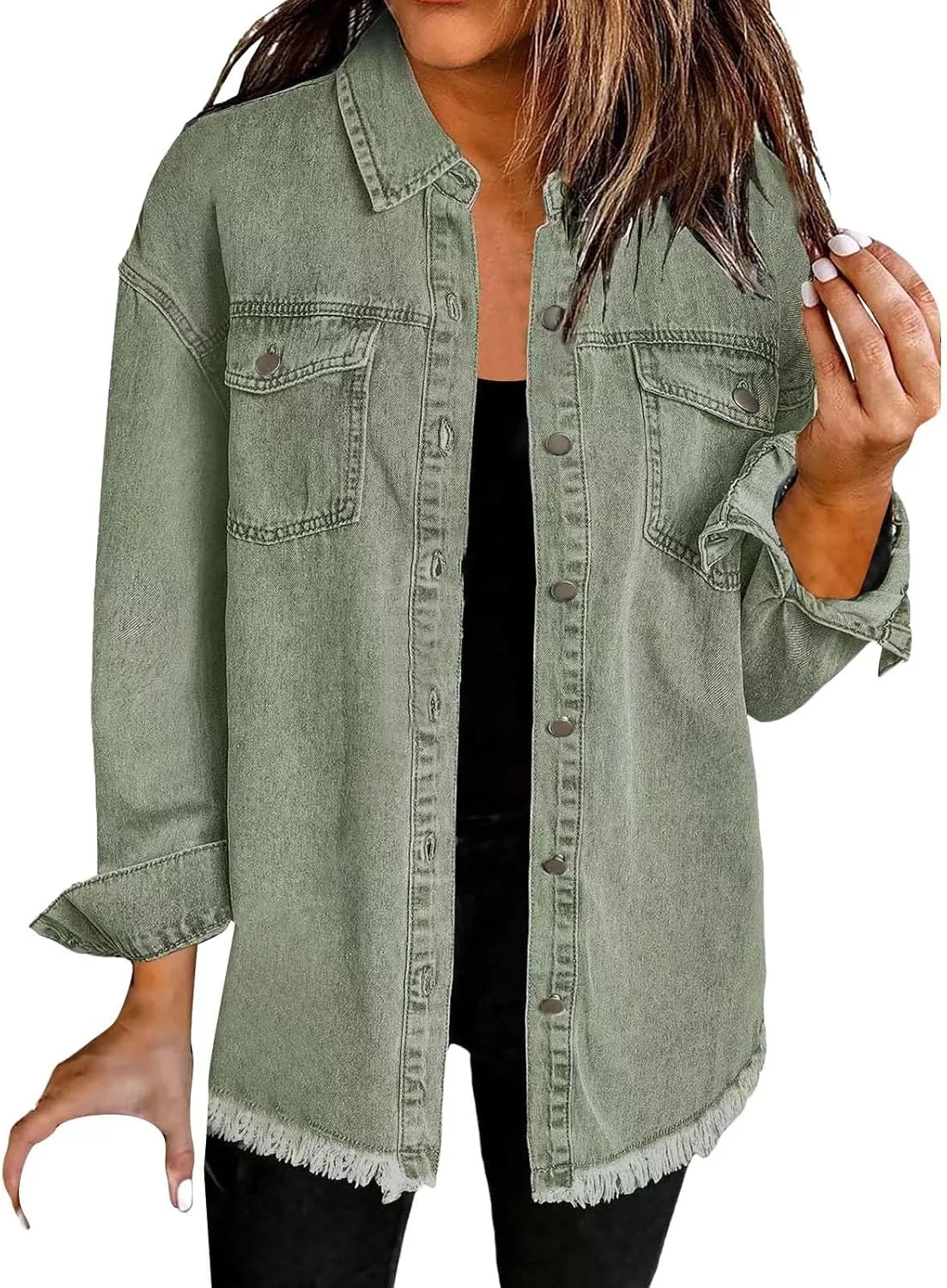 Womens Oversized Button Up Frayed Hem Shacket Long Sleeve Pockets Denim Jean Jacket Trucker Coats