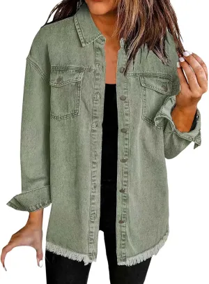 Womens Oversized Button Up Frayed Hem Shacket Long Sleeve Pockets Denim Jean Jacket Trucker Coats