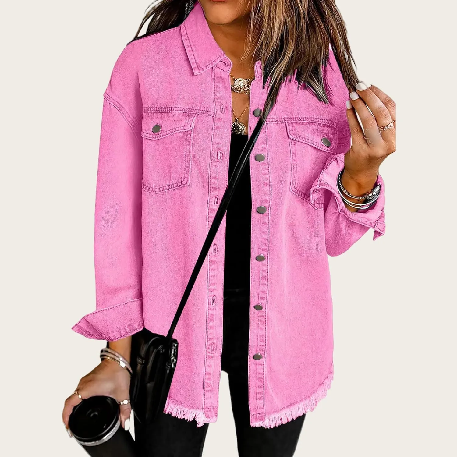 Women's Oversized Denim Jacket Button Down Casual Long Frayed Hem Shacket Coats Long Sleeve Boyfriend Jean Jackets