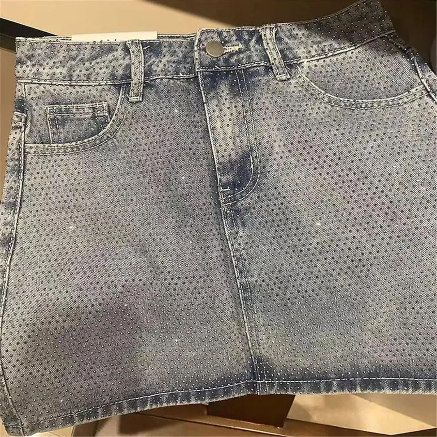 Women's Rhinestone Denim Mini Skirts Diamonds High Waist Jean A-LINE Skirt