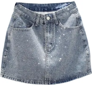 Women's Rhinestone Denim Mini Skirts Diamonds High Waist Jean A-LINE Skirt