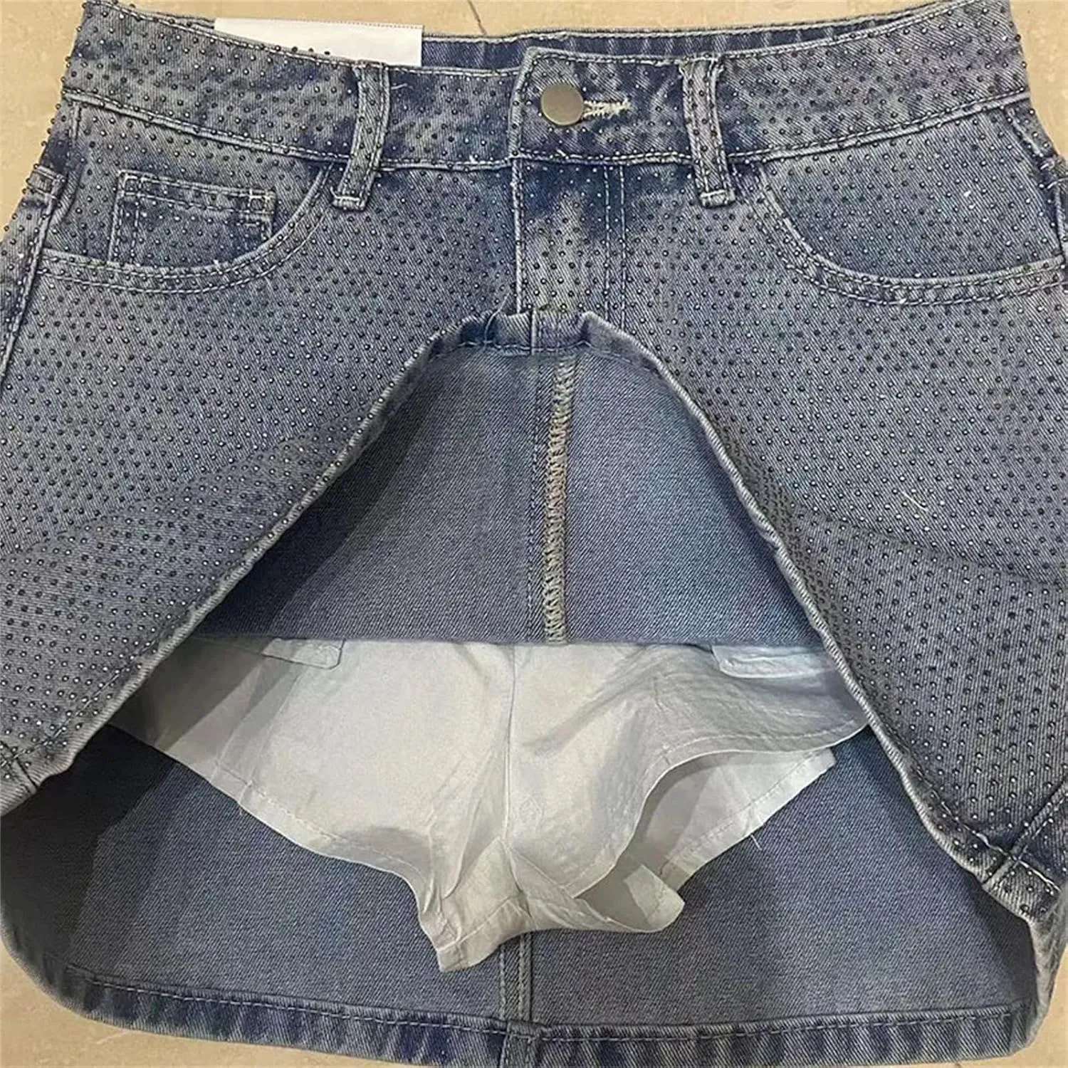 Women's Rhinestone Denim Mini Skirts Diamonds High Waist Jean A-LINE Skirt