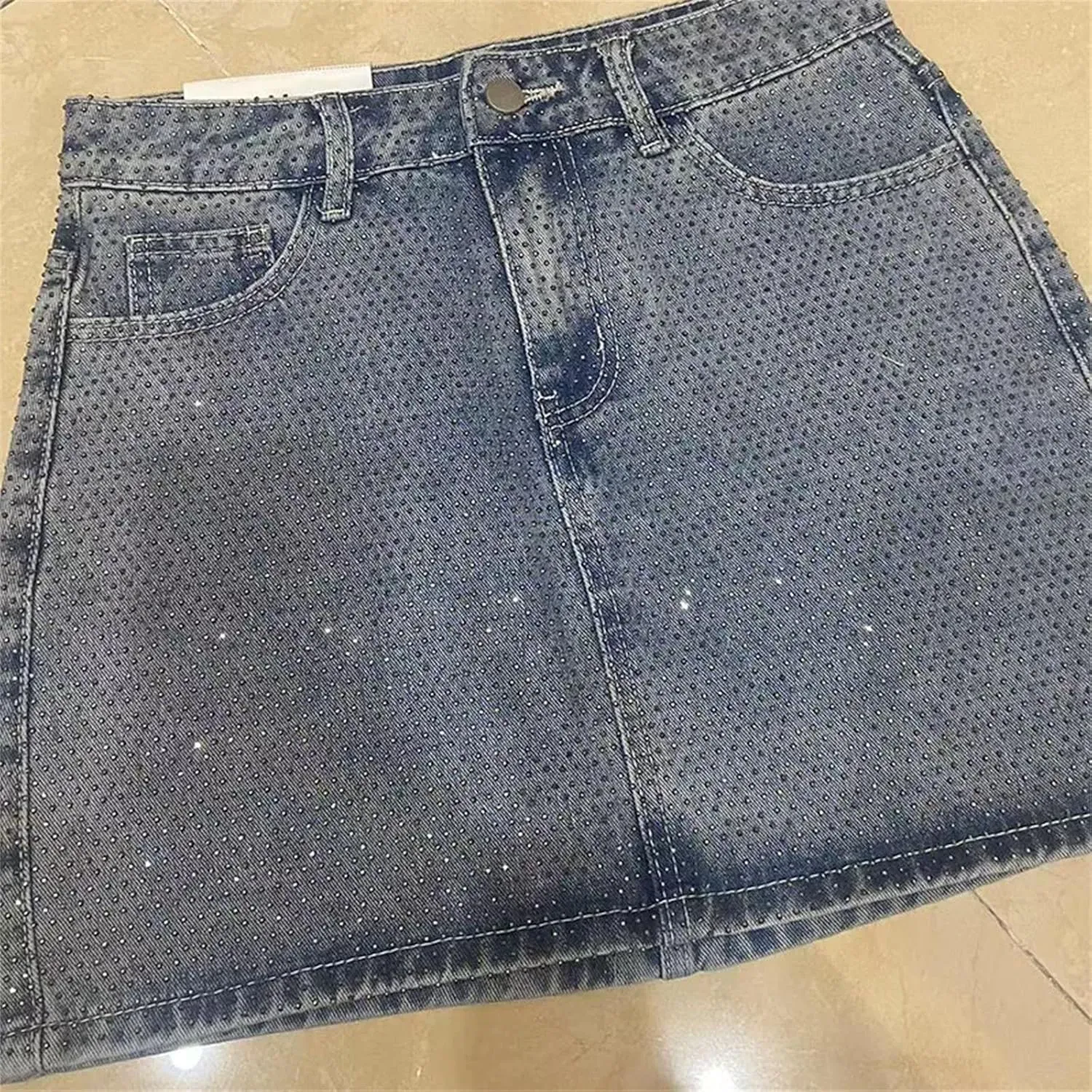 Women's Rhinestone Denim Mini Skirts Diamonds High Waist Jean A-LINE Skirt