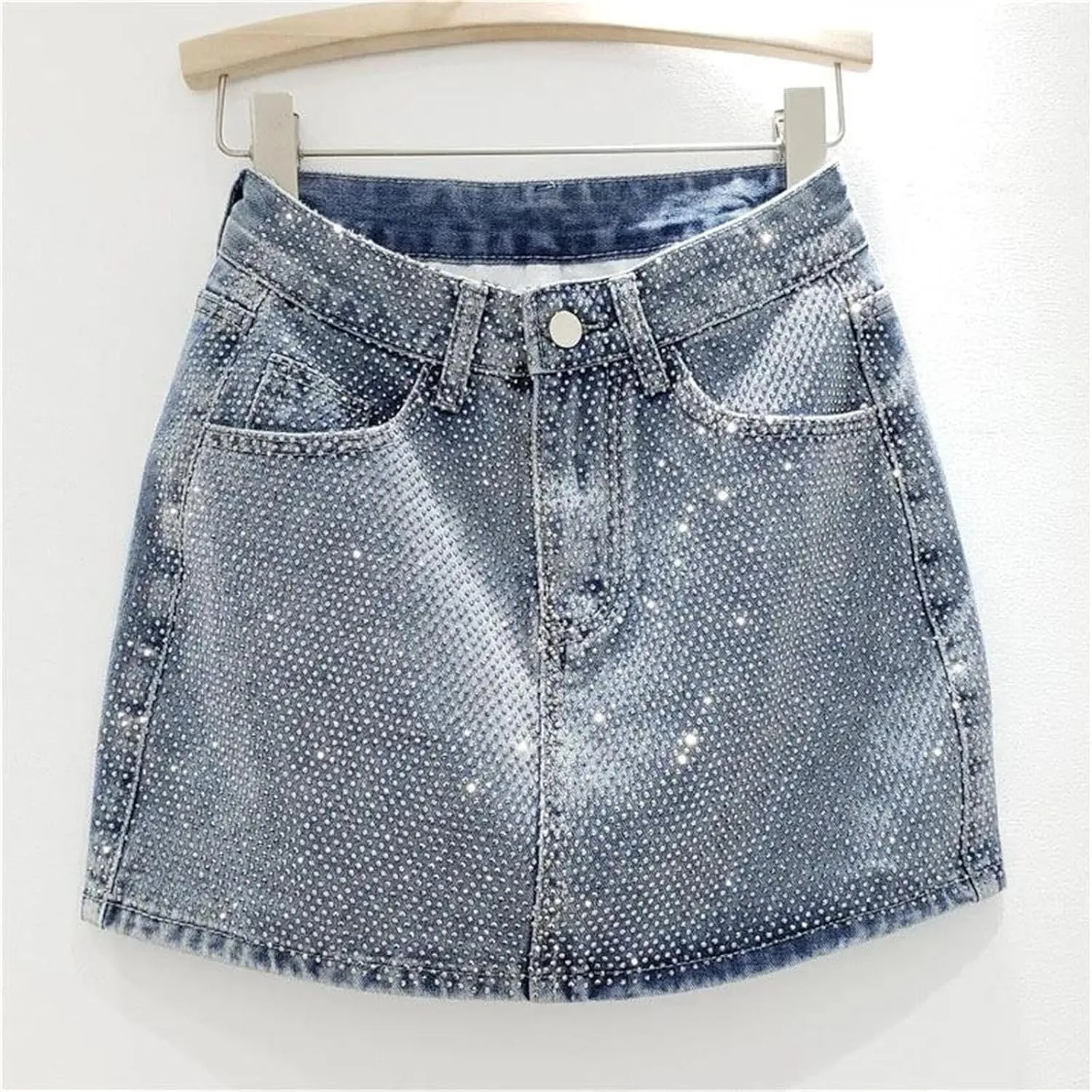 Women's Rhinestone Denim Mini Skirts Diamonds High Waist Jean A-LINE Skirt