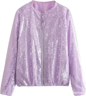 Women's Sequin Jackets Long Sleeve 2023 Winter Baseball Coats Full Zip Sweatshirts Trendy Elegant Party Outwear Tops