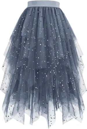 Women's Sequin Mesh Tulle Skirts High Low Layered A-line Skirt Midi Length Irregular Tutu Skirt for Women 2025