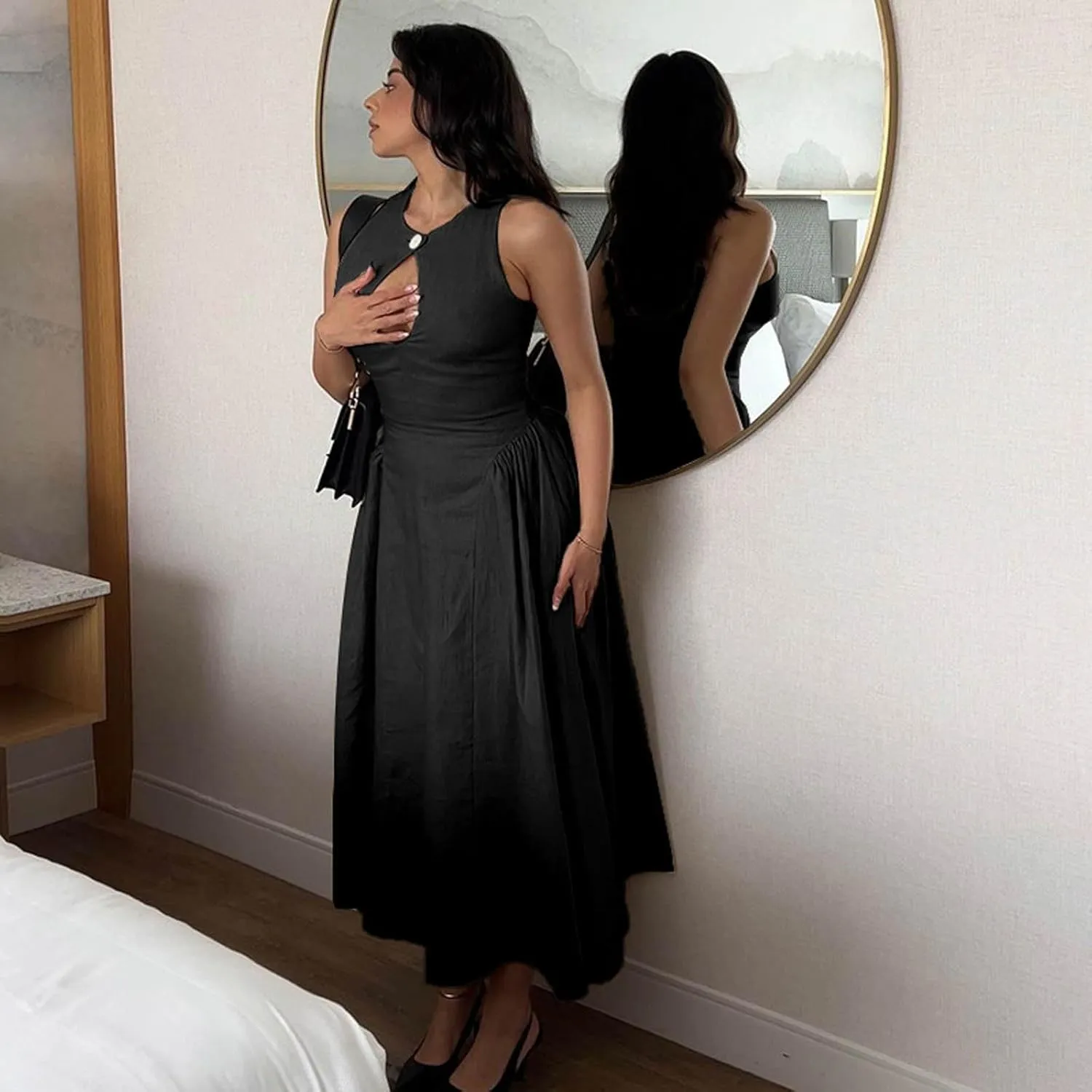 Women's Side Pleated Sleeveless Medium Length Linen Single Button Tight Corset Hollowed Out MIDI Dress