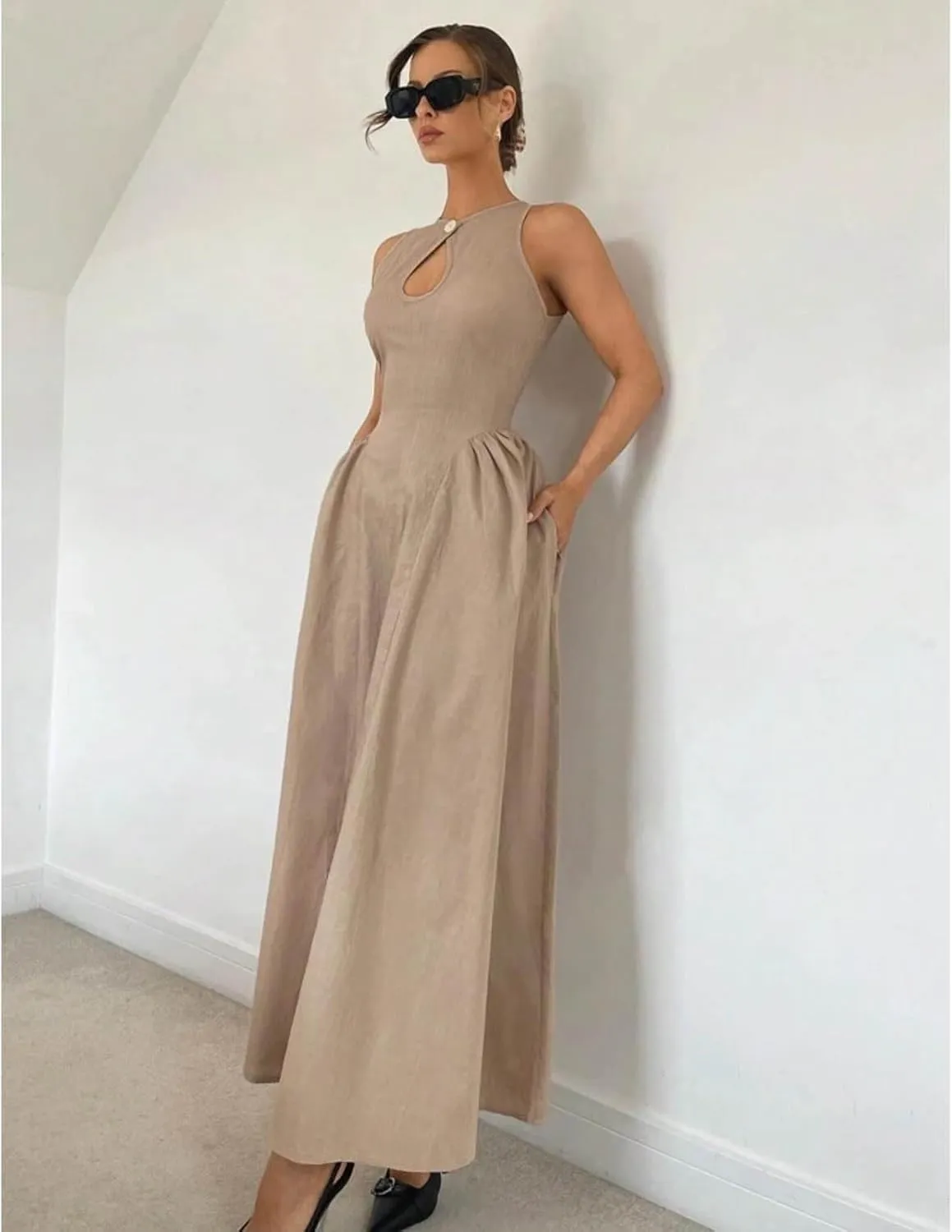 Women's Side Pleated Sleeveless Medium Length Linen Single Button Tight Corset Hollowed Out MIDI Dress