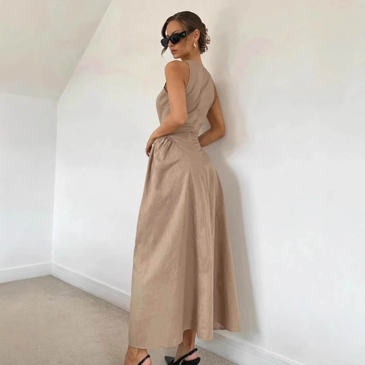 Women's Side Pleated Sleeveless Medium Length Linen Single Button Tight Corset Hollowed Out MIDI Dress