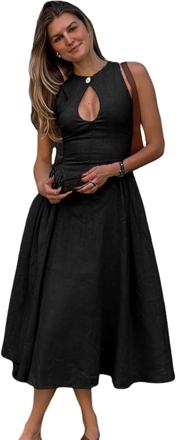Women's Side Pleated Sleeveless Medium Length Linen Single Button Tight Corset Hollowed Out MIDI Dress