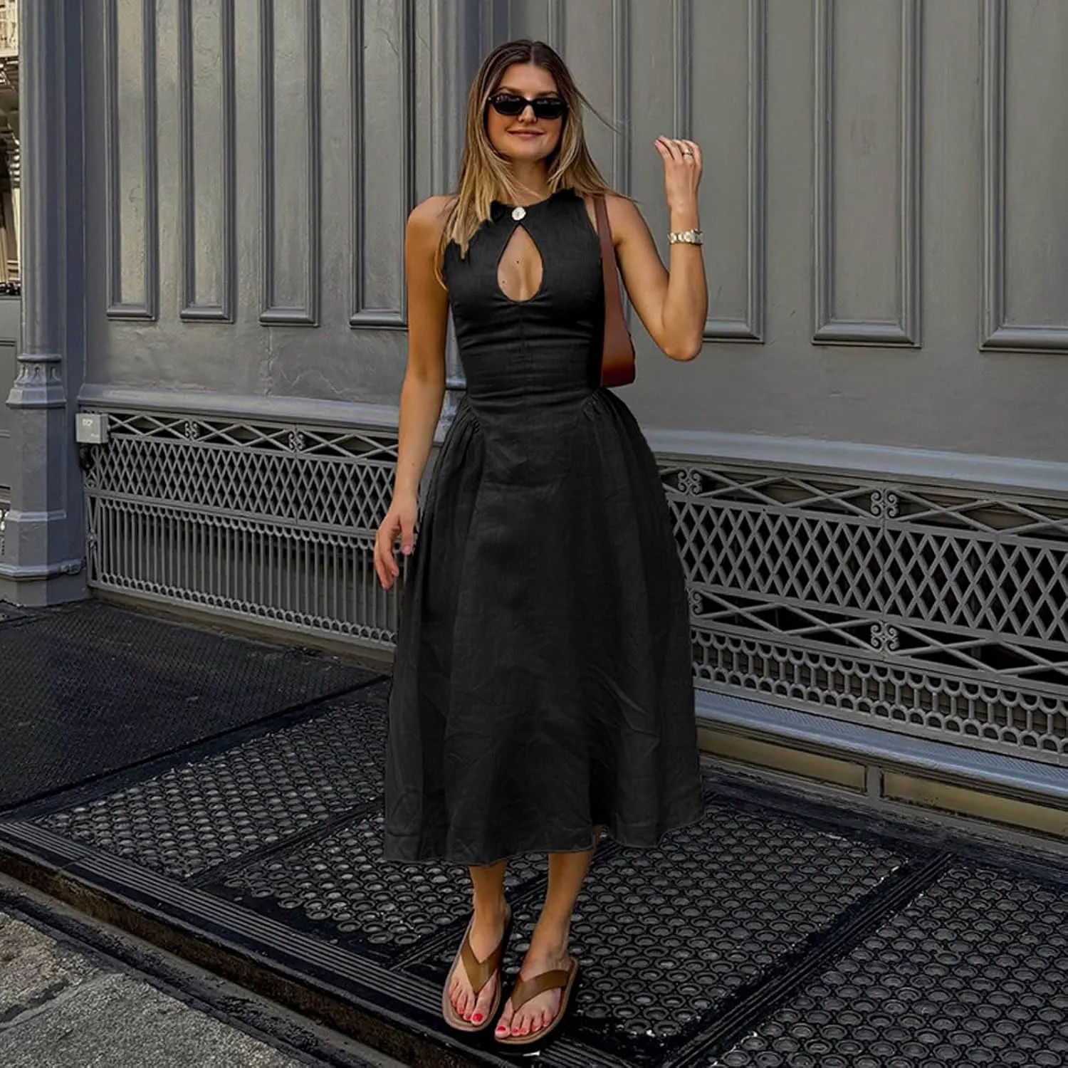 Women's Side Pleated Sleeveless Medium Length Linen Single Button Tight Corset Hollowed Out MIDI Dress