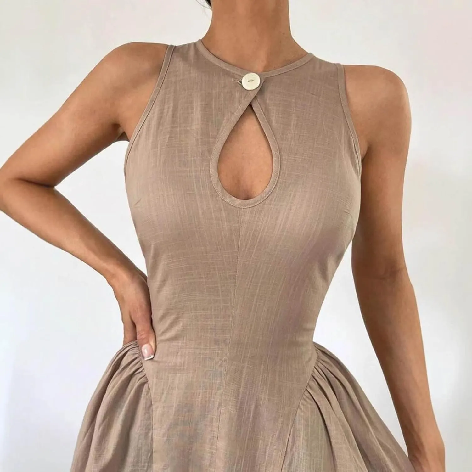 Women's Side Pleated Sleeveless Medium Length Linen Single Button Tight Corset Hollowed Out MIDI Dress