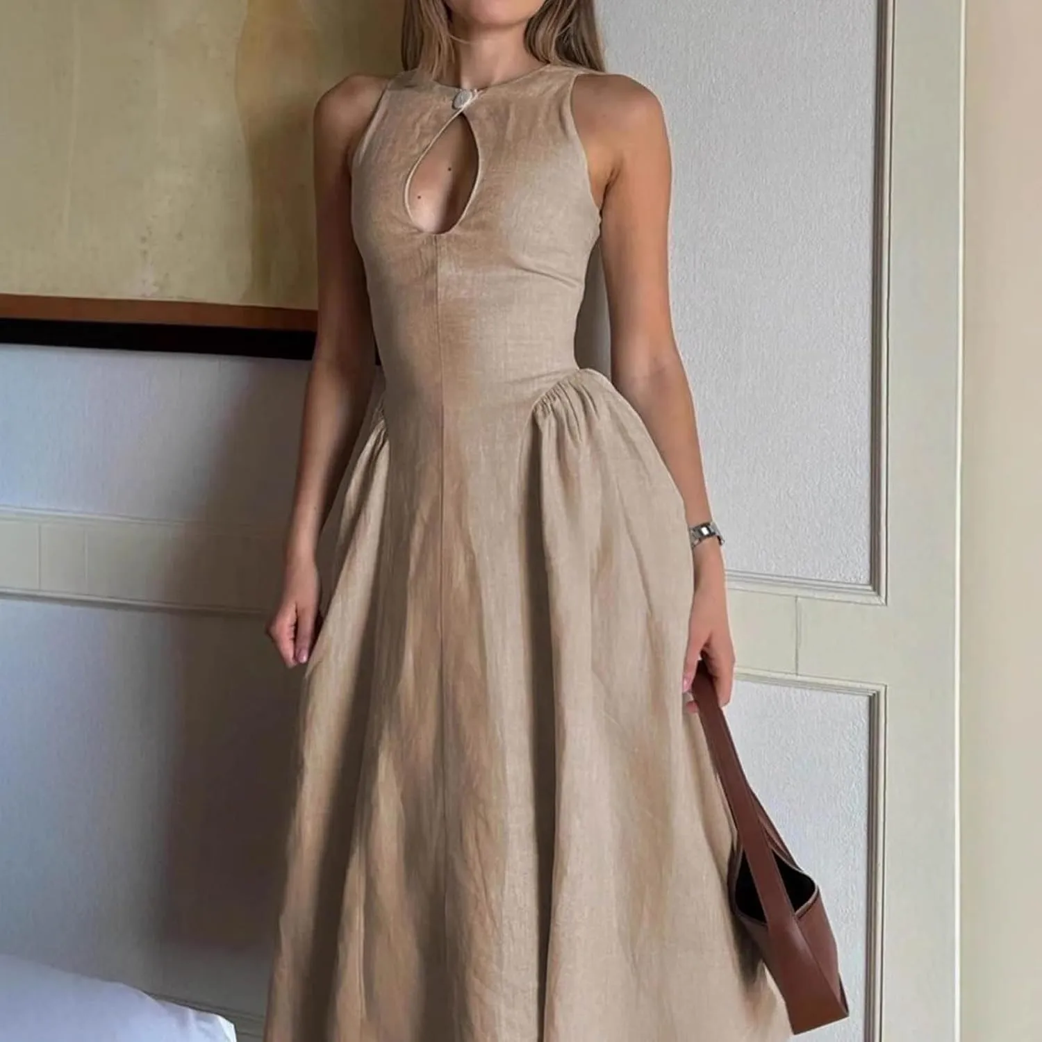 Women's Side Pleated Sleeveless Medium Length Linen Single Button Tight Corset Hollowed Out MIDI Dress