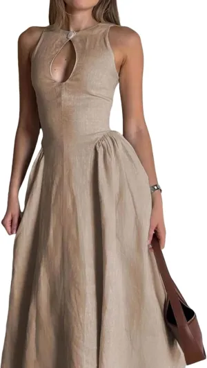 Women's Side Pleated Sleeveless Medium Length Linen Single Button Tight Corset Hollowed Out MIDI Dress