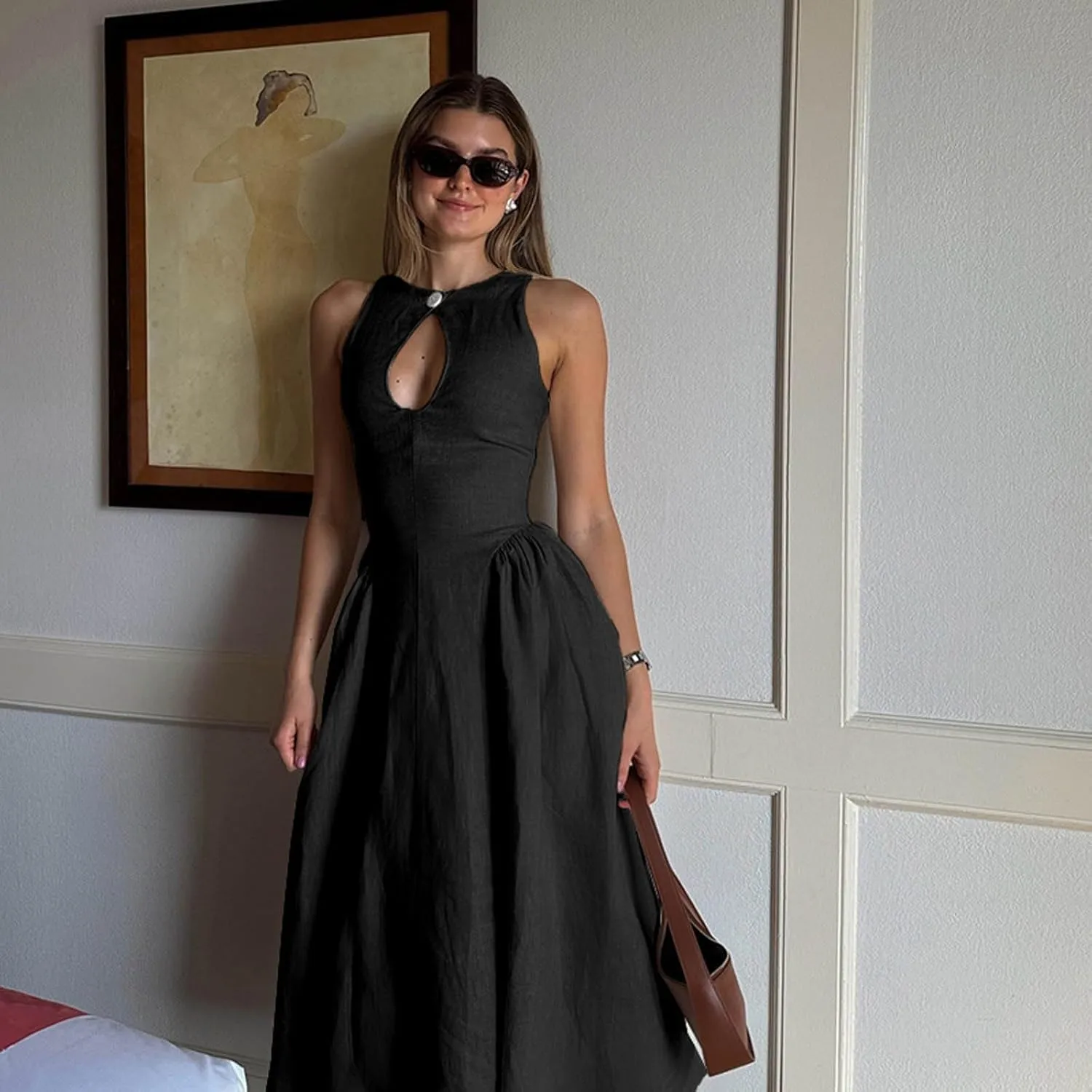 Women's Side Pleated Sleeveless Medium Length Linen Single Button Tight Corset Hollowed Out MIDI Dress