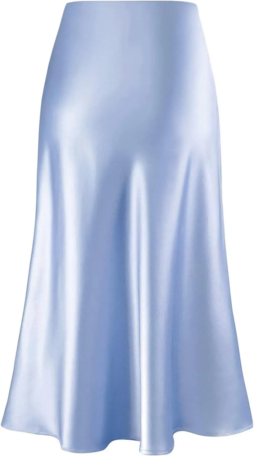Womens Silky Satin Midi Skirt High Waist Elastic Waist A Line Skirt