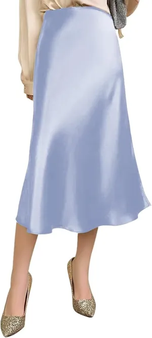 Womens Silky Satin Midi Skirt High Waist Elastic Waist A Line Skirt