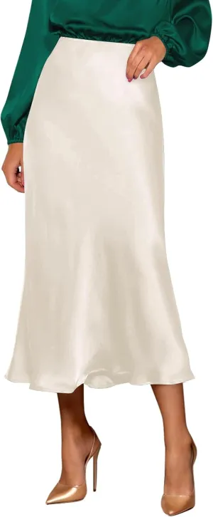 Womens Silky Satin Midi Skirt High Waist Elastic Waist A Line Skirt