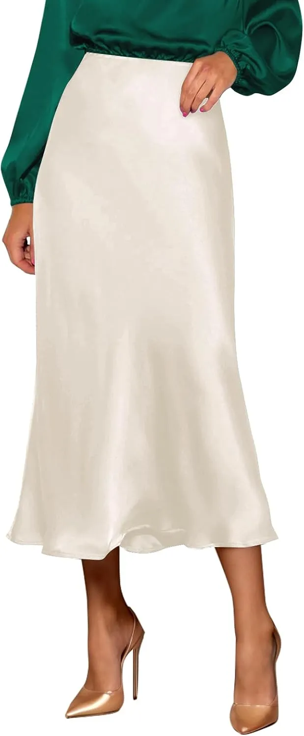 Womens Silky Satin Midi Skirt High Waist Elastic Waist A Line Skirt