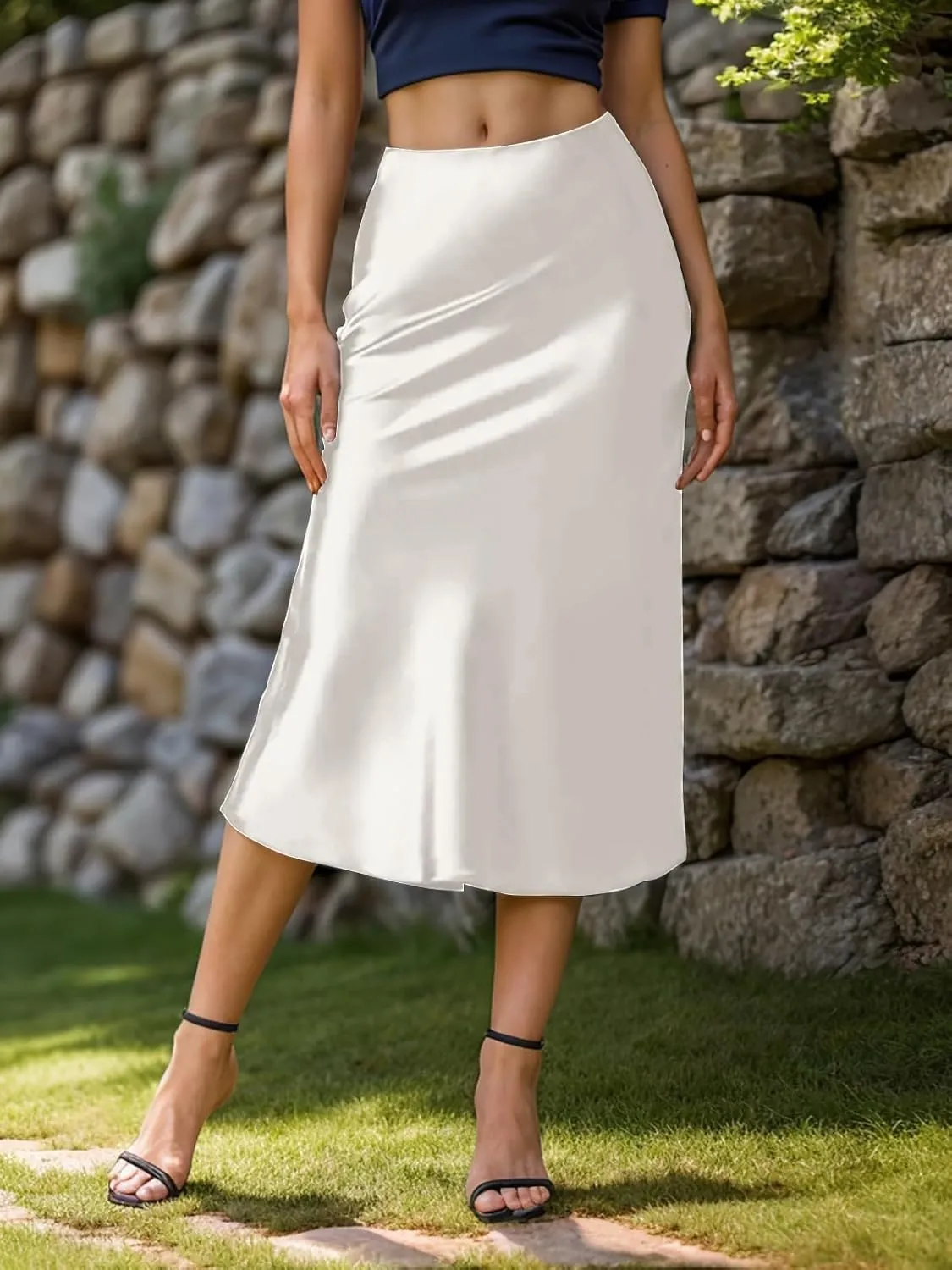 Womens Silky Satin Midi Skirt High Waist Elastic Waist A Line Skirt