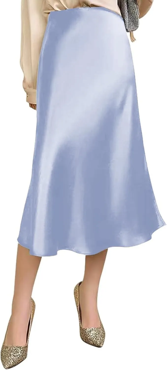Womens Silky Satin Midi Skirt High Waist Elastic Waist A Line Skirt