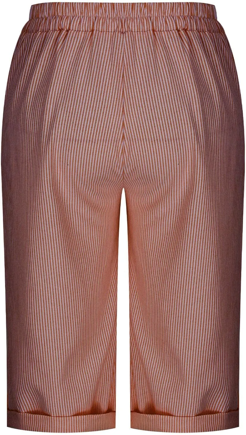 Womens Stripe Print Shorts Summer Knee-Length Casual Bermuda Shorts Lounge Shorts Elastic Waist Side Button Shorts